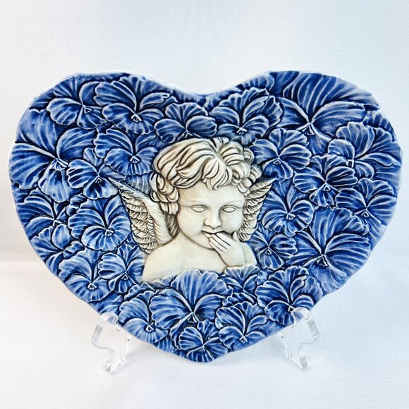 Italian Pottery Vintage Heart Plate Embossed Angel Cherubs *Your Choice* - Picture 4 of 9